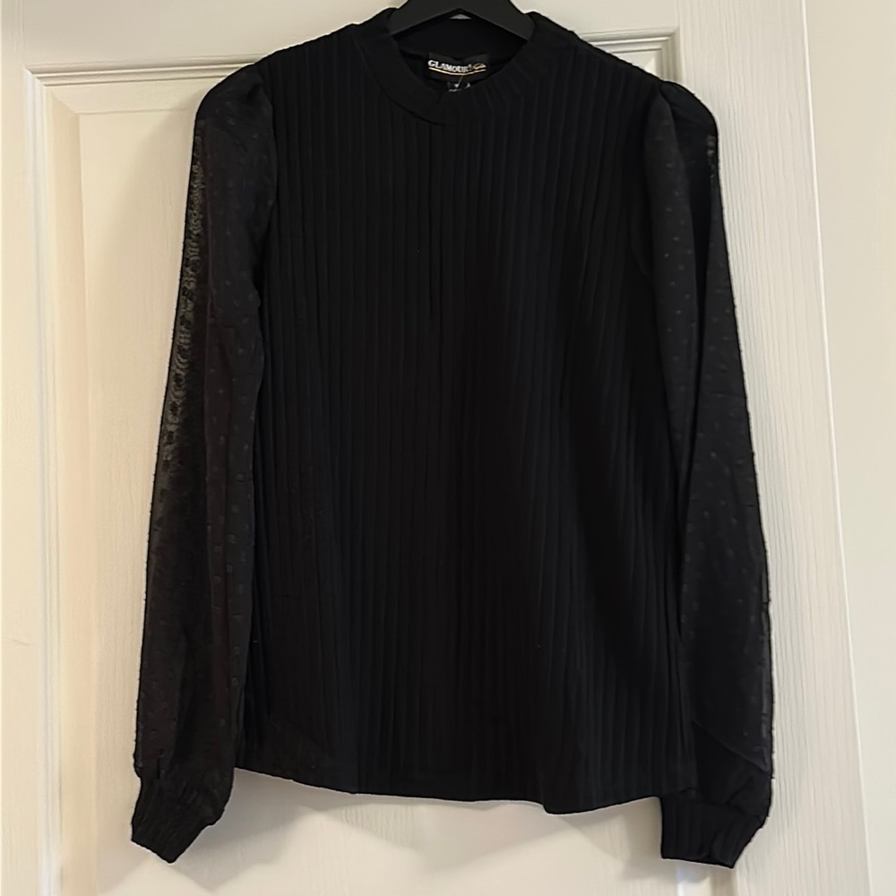 Velvet Black top, Women's Polka Dots Sheer Mesh Long Sleeve Mock Neck Blouse, M
